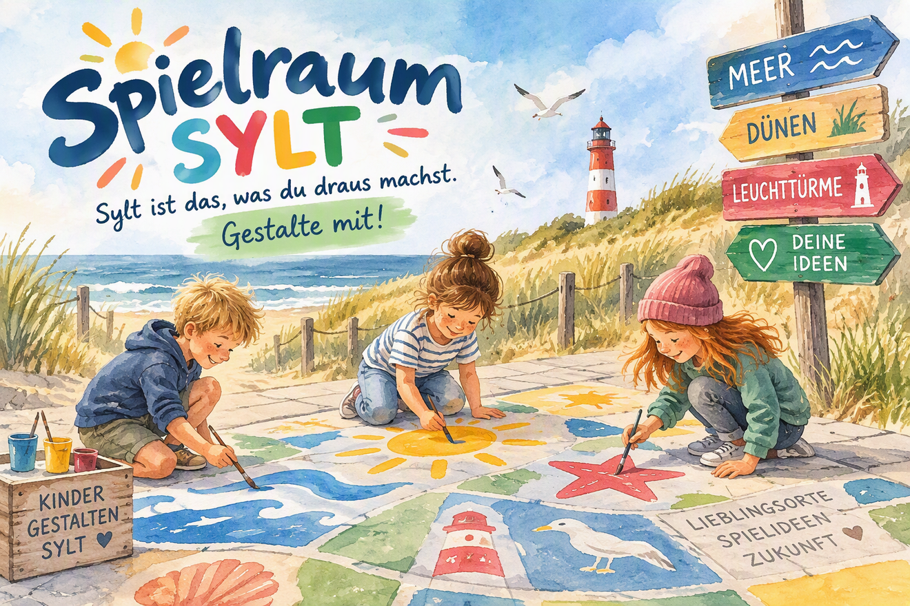 Drei Kinder malen am Strand maritime Bilder mit Motiven wie Sonne, Wellen, Seestern und Leuchtturm.