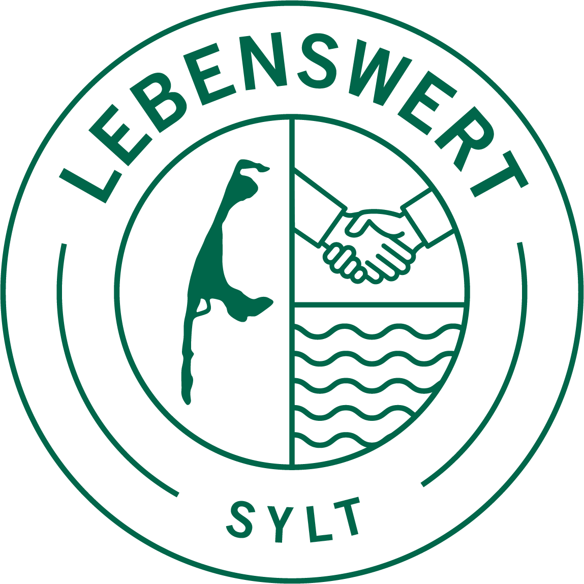 Rundes grünes Logo mit der Aufschrift „Lebenswert Sylt“, Insel-Silhouette, Handschlag und Wellen.