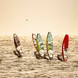 Windsurfer mit bunten Segeln fahren bei Sonnenuntergang über das Meer.