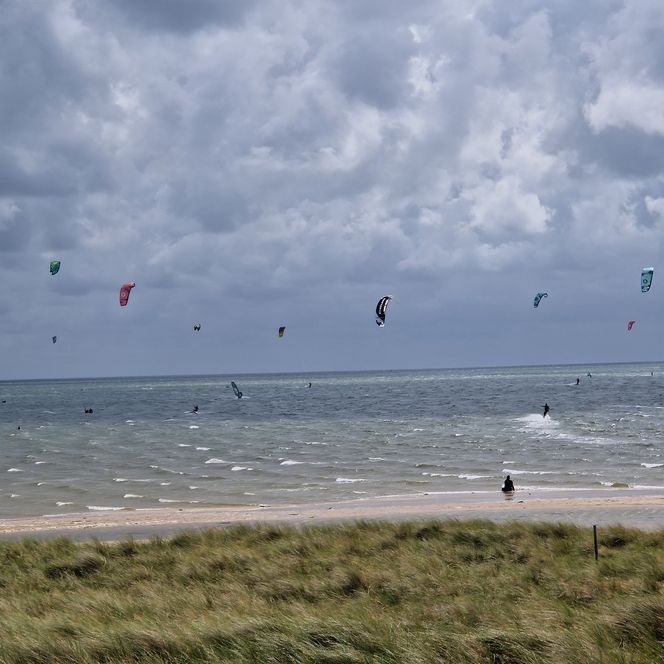 Bunte Kites schweben über Kitesurfern im Königshafen bei Wolkenhimmel.
