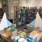 Freundlicher Kinderbuchbereich in einer Bibliothek mit segelbootförmigen Regalen und vielen bunten Büchern.