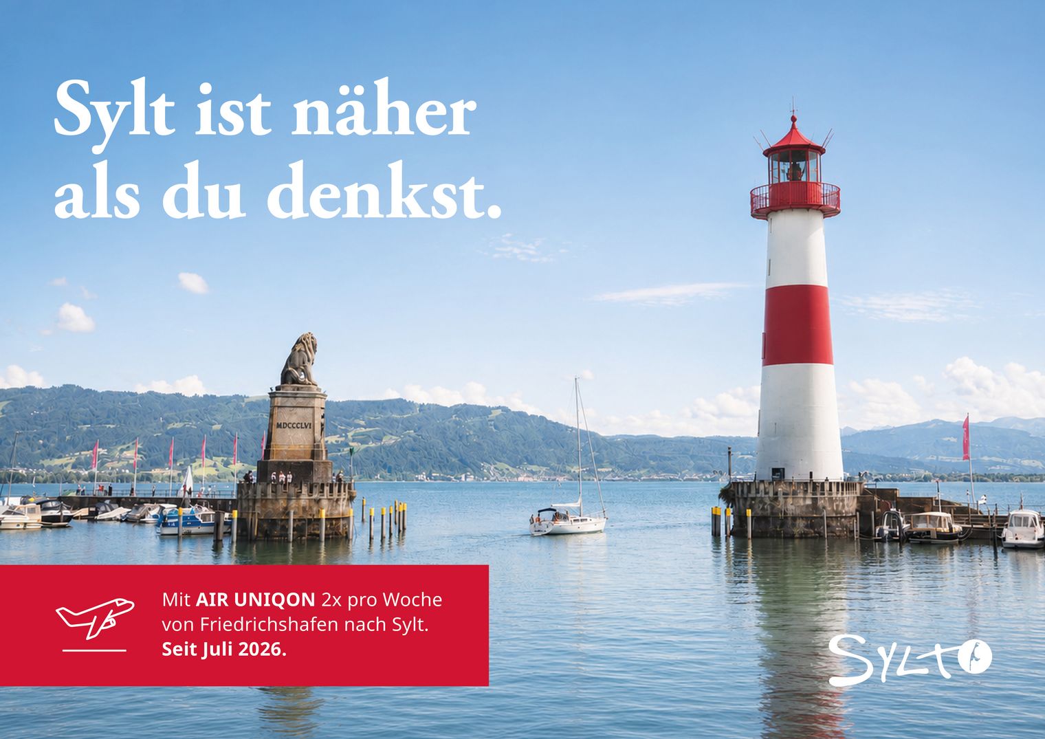 Anzeige mit Sylter Leuchtturm und Löwenstatue im Lindauer Hafen am Bodensee sowie Text „Sylt ist näher als du denkst“ und Hinweis auf Flugverbindung nach Sylt.