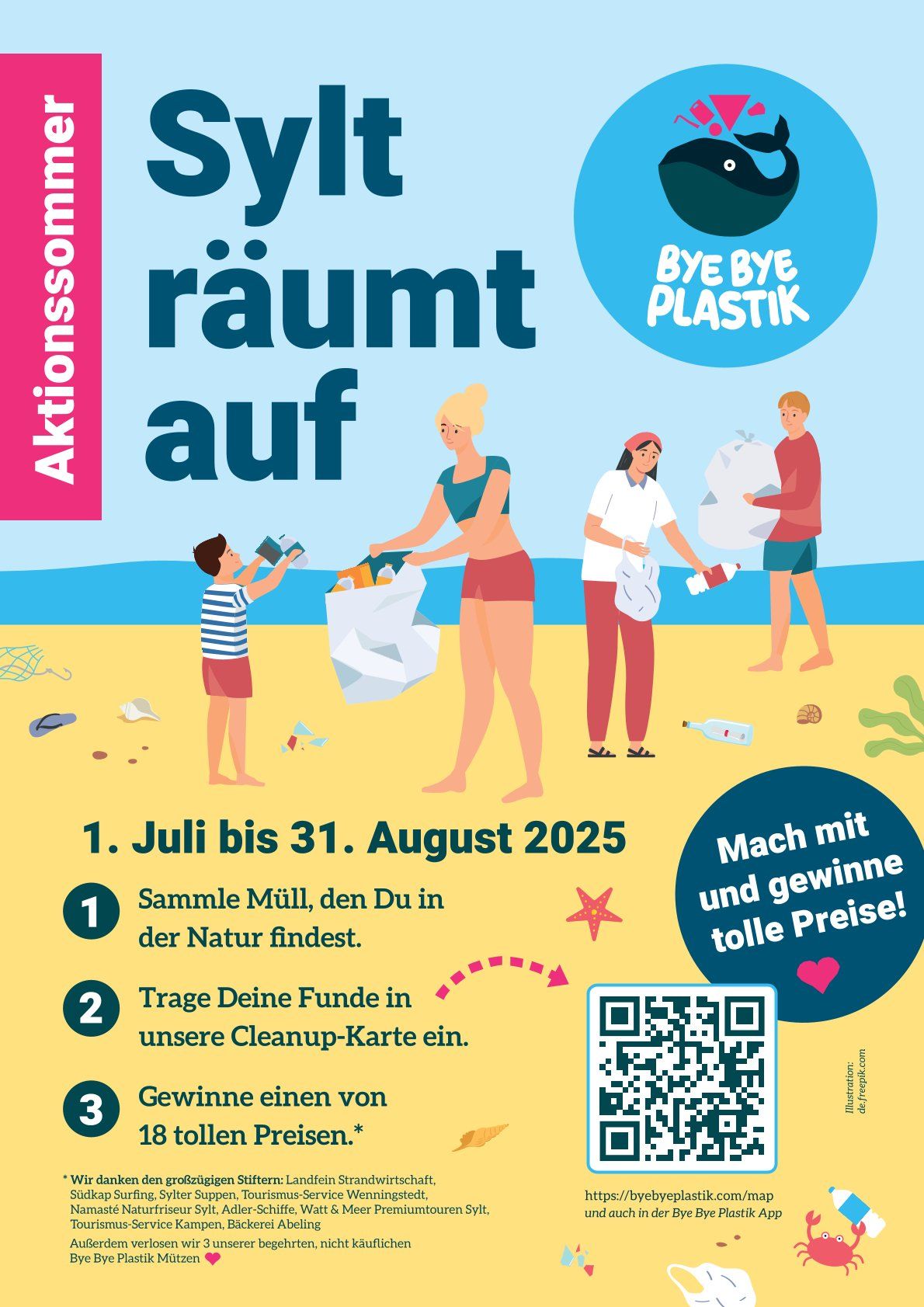 Plakat zur Umweltaktion „Sylt räumt auf“ mit Aufräum-Infos, Terminen und QR-Code.