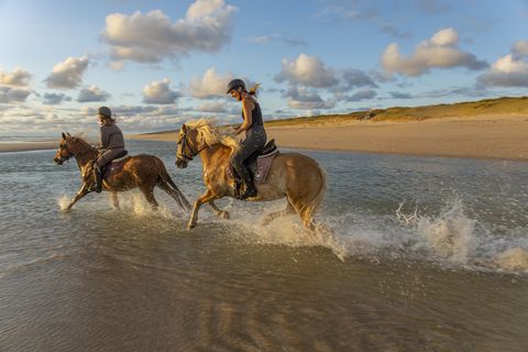 Zwei Frauen reiten auf Pferden durch flaches Wasser am Strand bei Sonnenuntergang, spritzendes Wasser und sandige Dünen im Hintergrund.