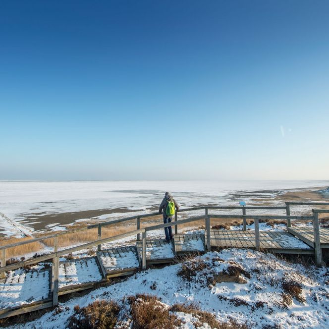 Winterwanderung am Morsum-Kliff Wanderer mit grünem Rucksack am verschneiten Morsum-Kliff.