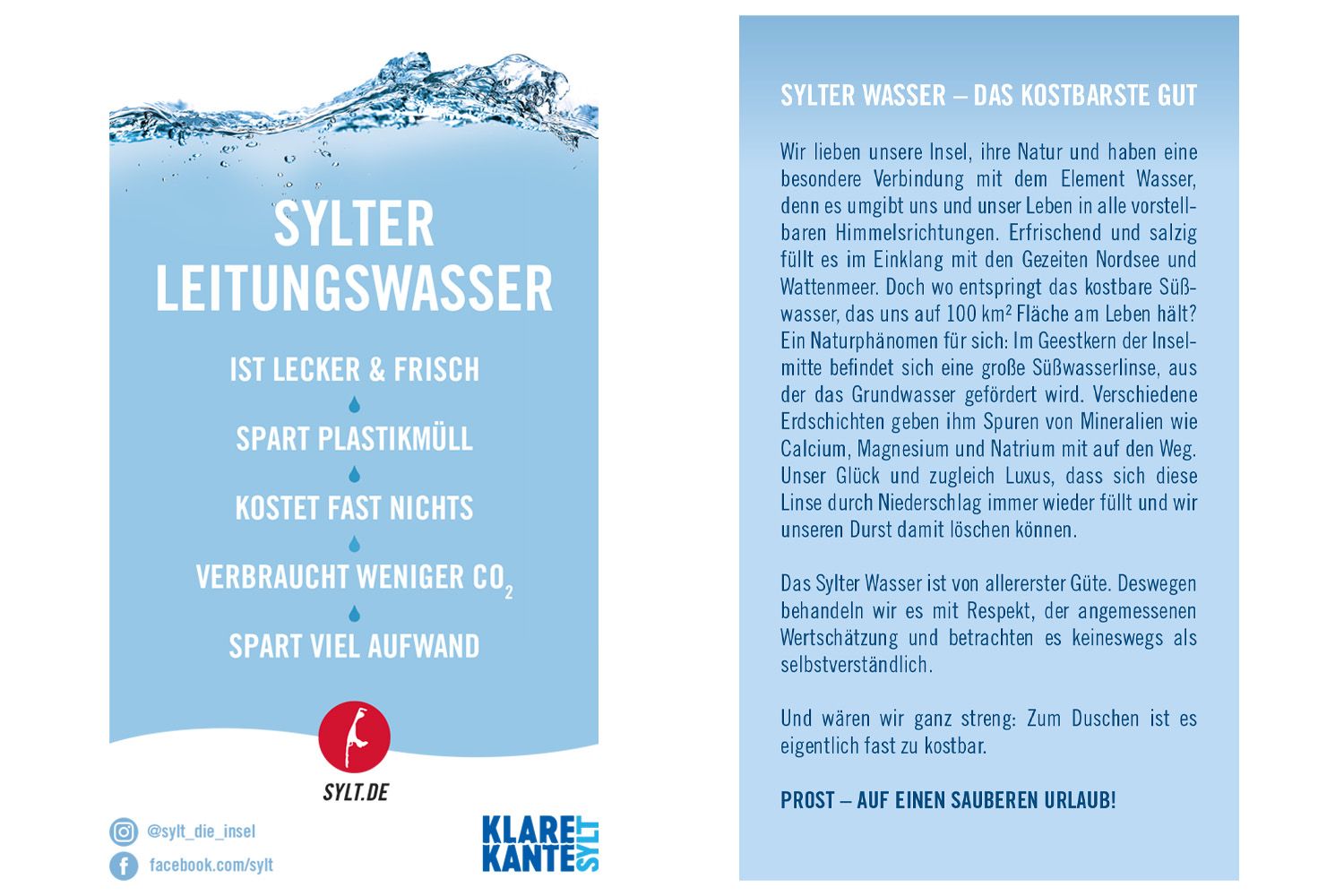 Tischaufsteller wirbt für Sylter Leitungswasser in Ferienunterkünften