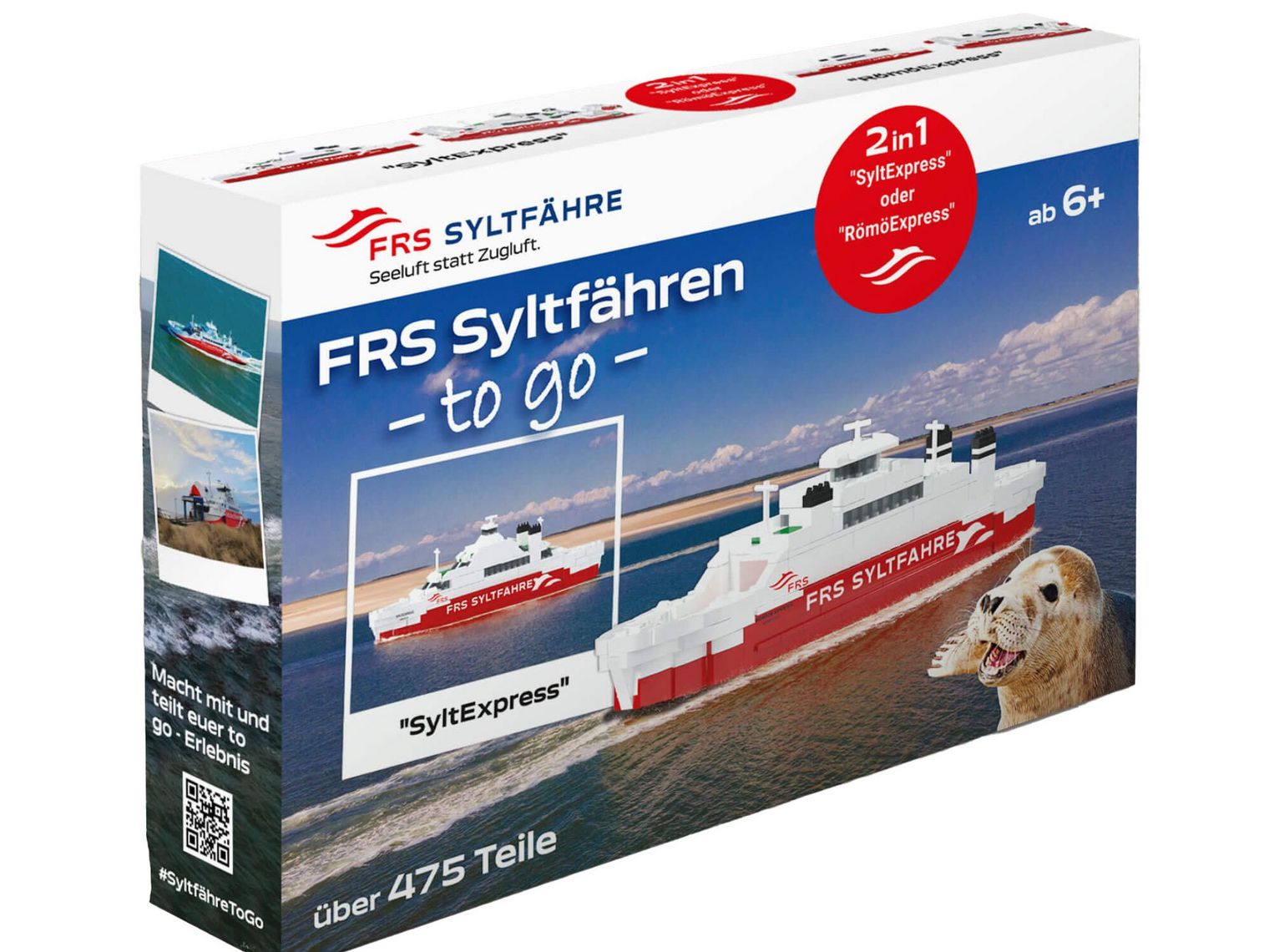 Freigestellter Karton mit der abgedruckten Syltfähre aus Klemmbausteinen