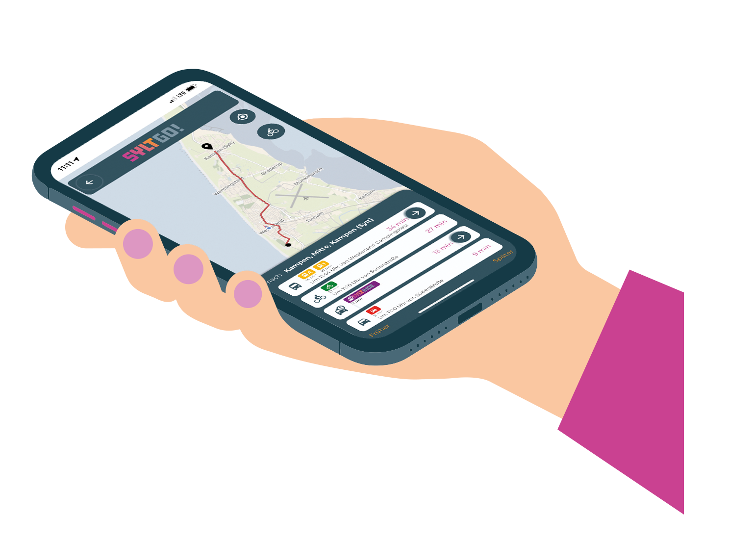 Illustration einer Hand, die ein Smartphone hält. Auf dem Bildschirm ist die App "Sylt Go!" geöffnet, die eine Karte von Sylt mit einer Route und verschiedenen Transportoptionen anzeigt.