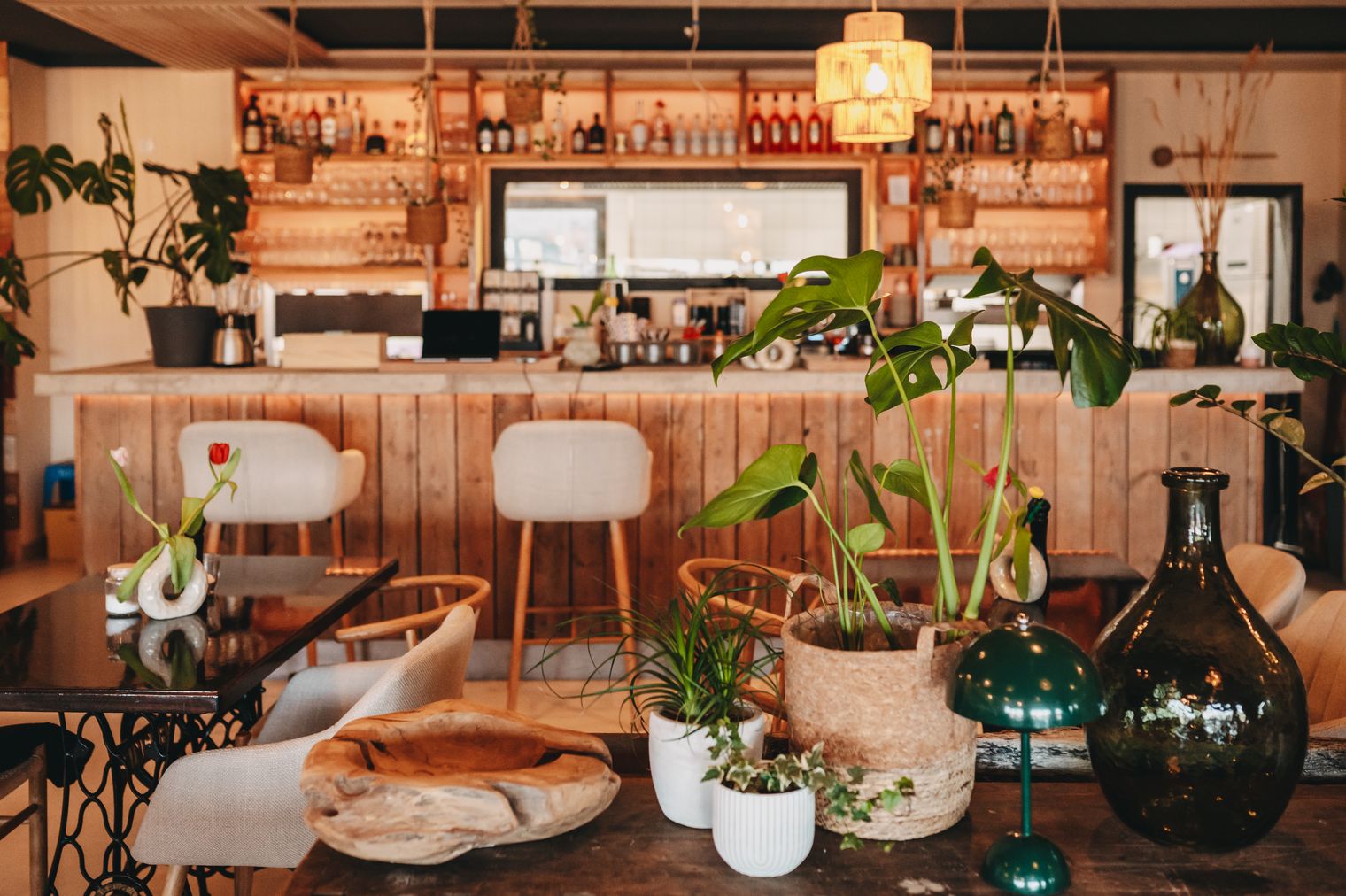 Inneneinrichtung des Cafés mit Holz, Beton und Grünpflazen