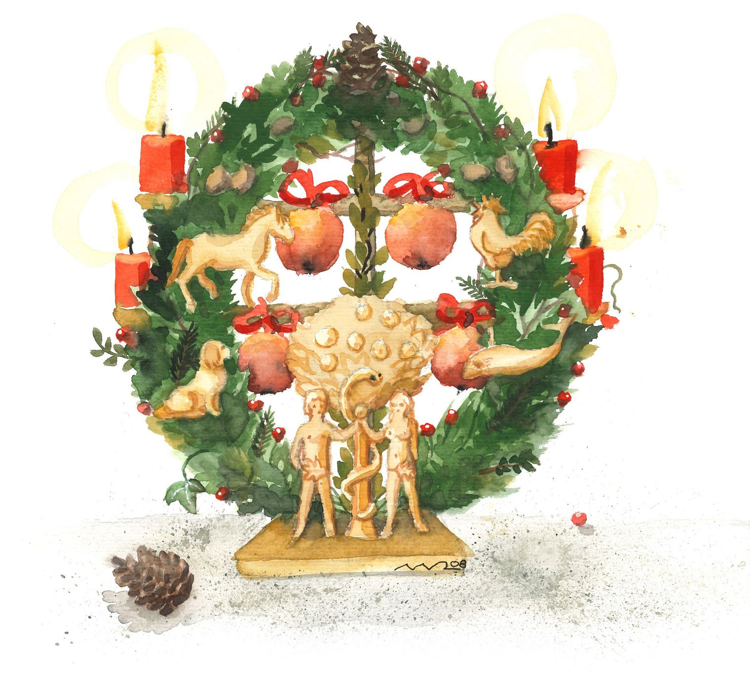 Aquarell einer traditionellen Sylter Weihnachtsdekoration, dem "Jöölboom", verziert mit roten Kerzen, Äpfeln und Figuren.