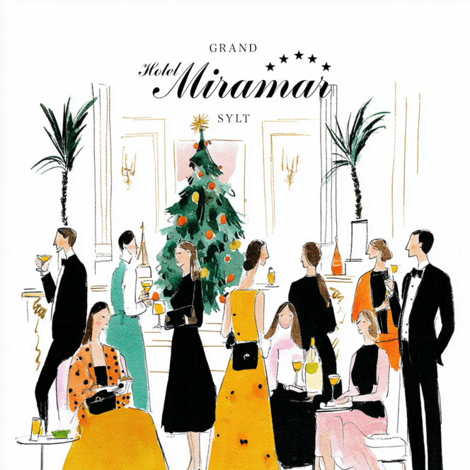 Illustration festlich gekleideter Gäste im Grand Hotel Miramar Sylt.