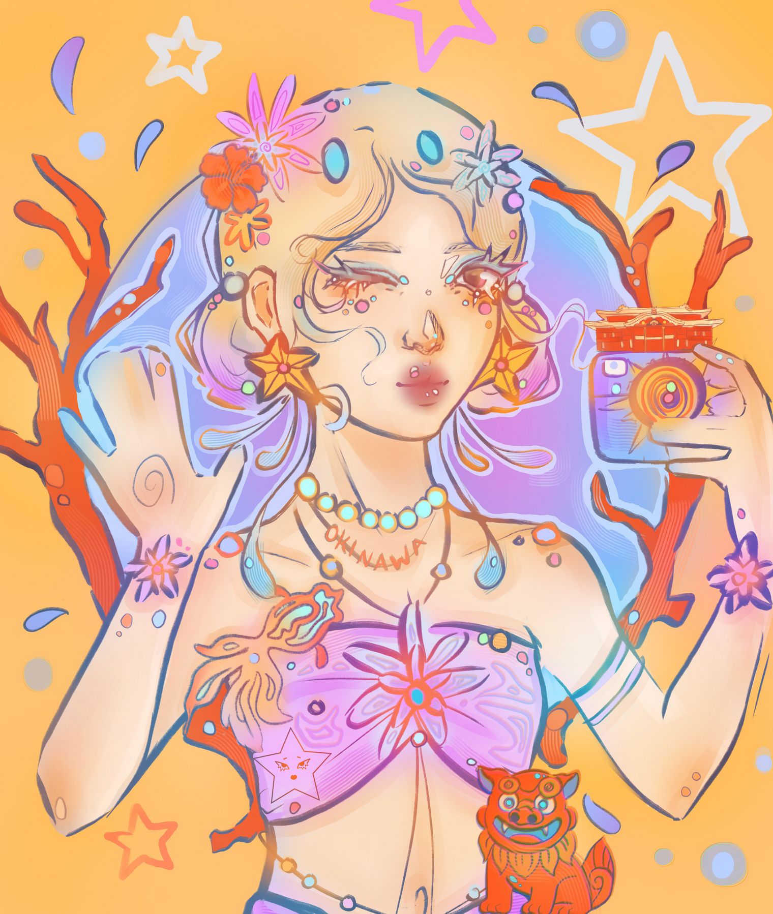 Junge Frau mit Blumen im Haar, Kamera in der Hand und farbenfrohem Dekor.
