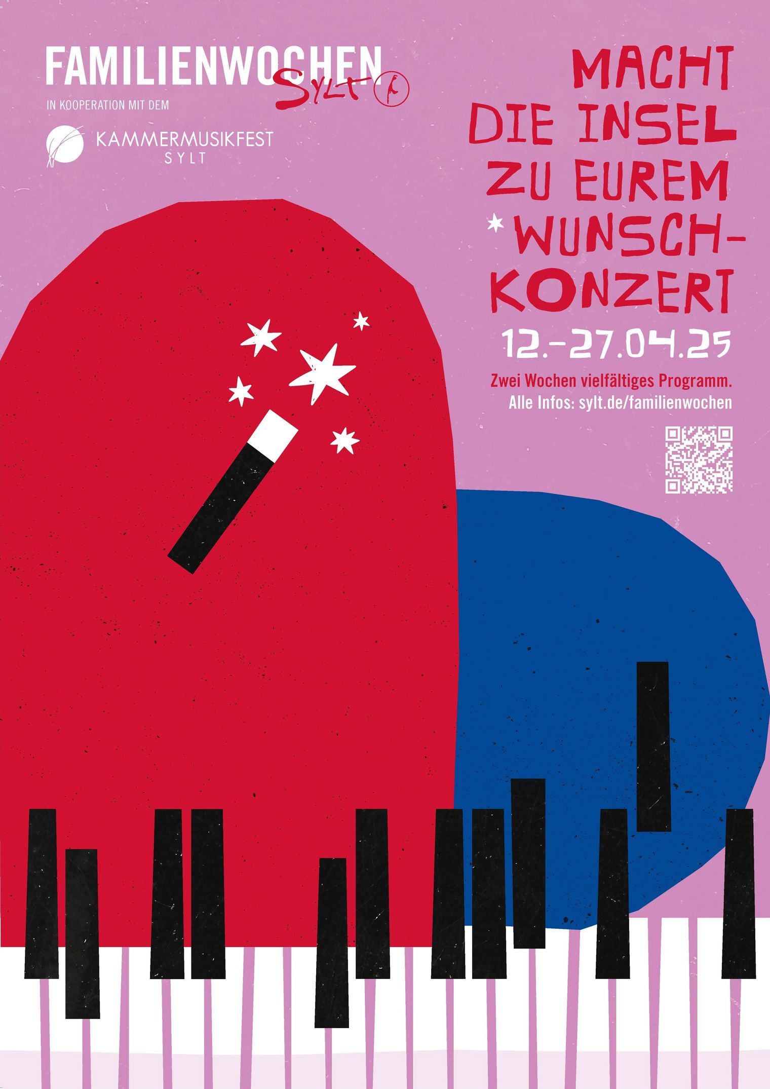 Buntes Plakat zu den Familienwochen Sylt 2025 mit Zauberstab, Klaviertasten und Konzertankündigung.