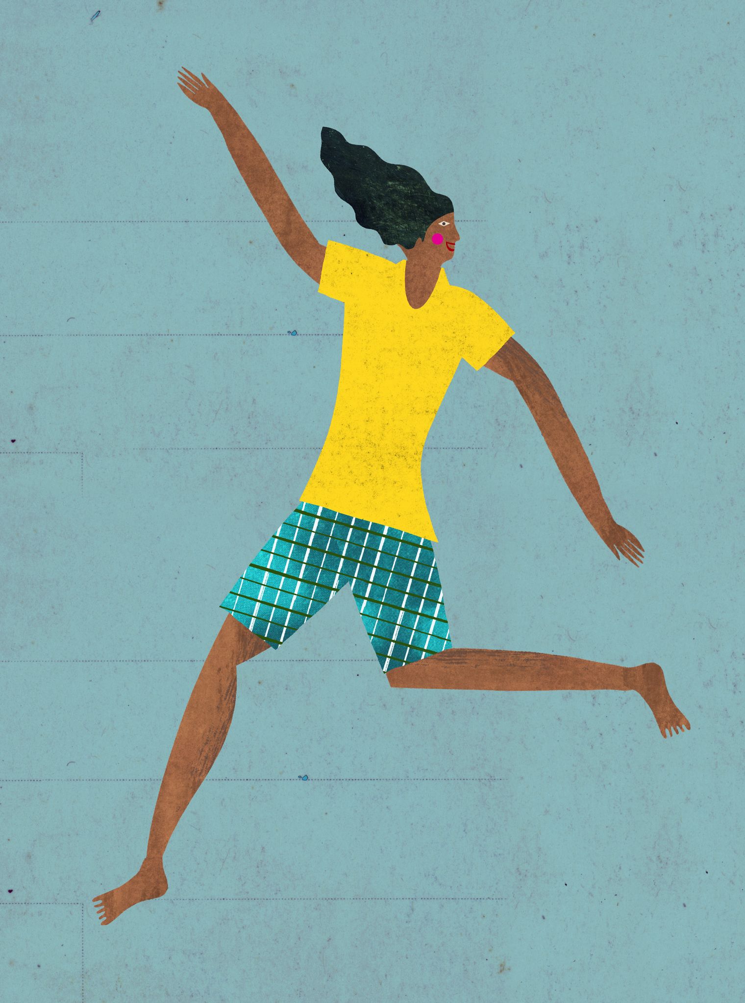 Illustration einer springenden Person mit gelbem Shirt auf blauem Hintergrund