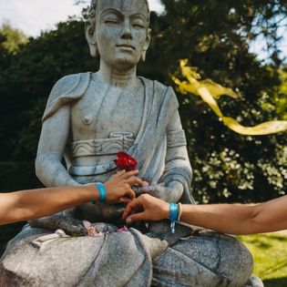 Hände legen Blumen vor Buddha-Statue