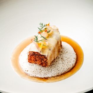 Fein angerichtetes Gourmetgericht mit Schaumsoße auf weißem Teller.