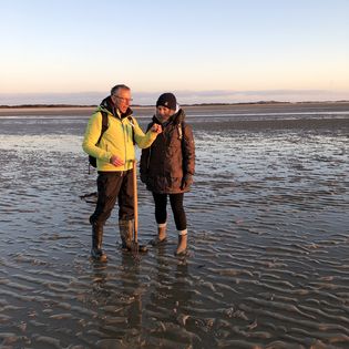 Wattführer zeigt Besucherin eine Krebsschere im abendlichen Wattenmeer