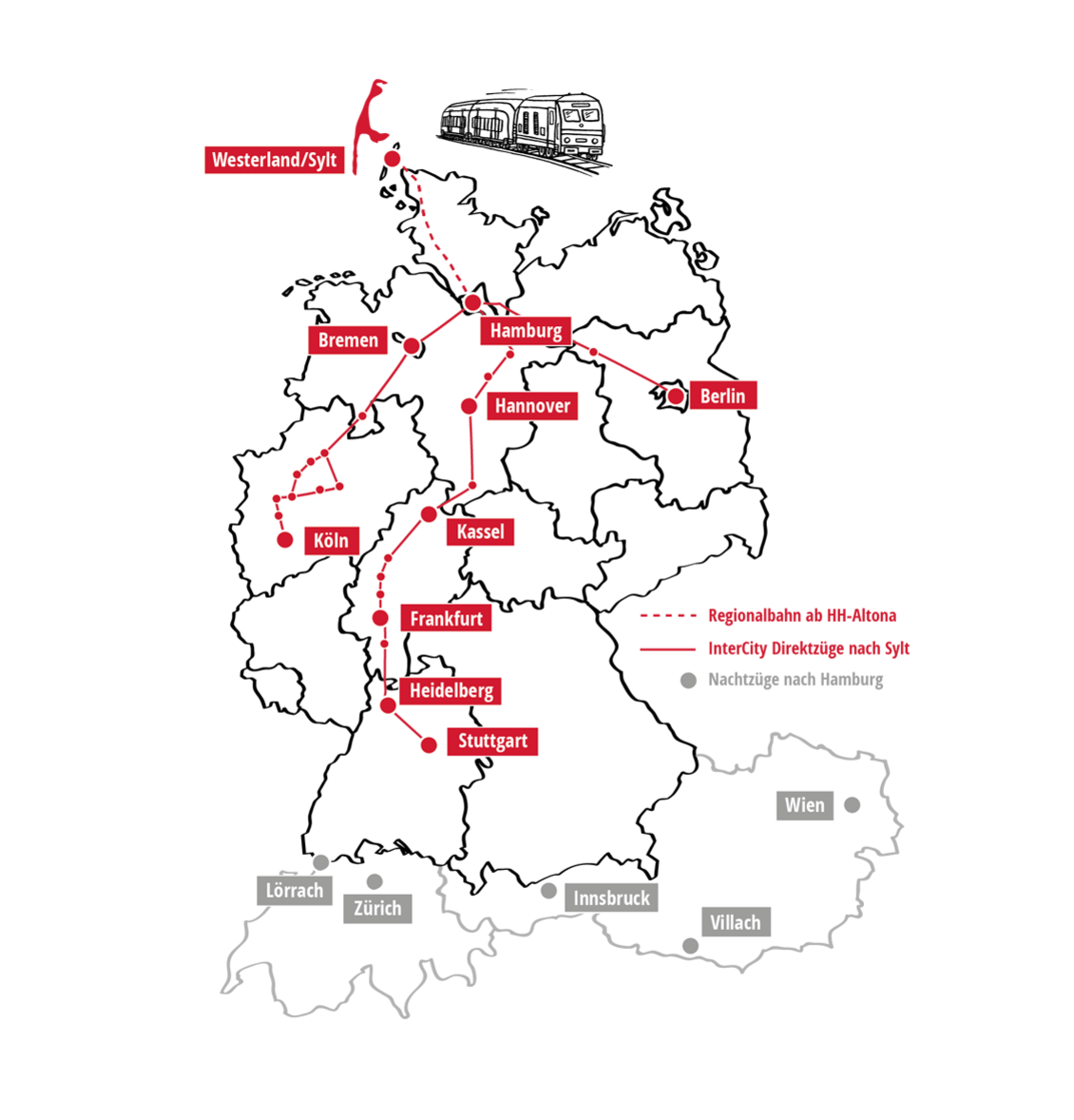 Übersichtskarte mit den Anreisemöglichkeiten mit der Bahn nach Sylt.