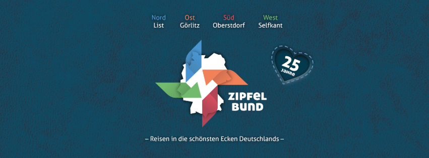 Logo des Zipfelbunds mit stilisierter Deutschlandkarte und Pfeilen nach List, Görlitz, Oberstdorf und Selfkant. Schriftzug „25 Jahre Zipfelbund“.