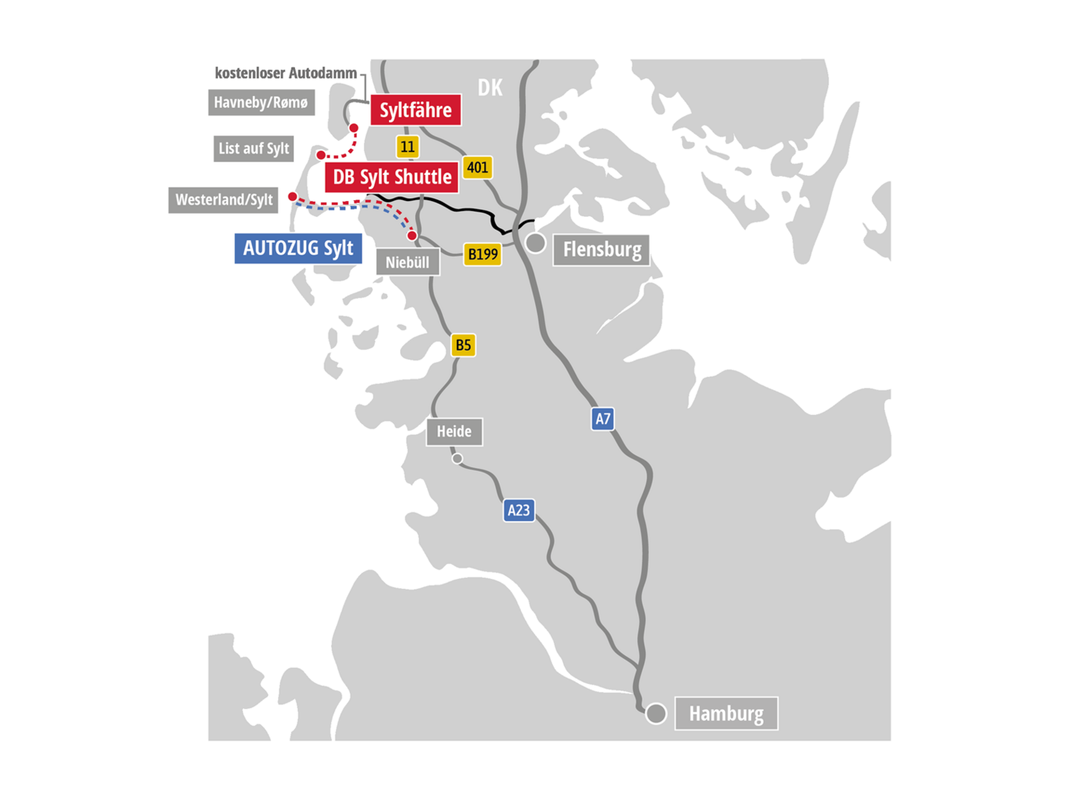 Karte mit den Anreisemöglichkeiten per Auto und Fähre nach Sylt.