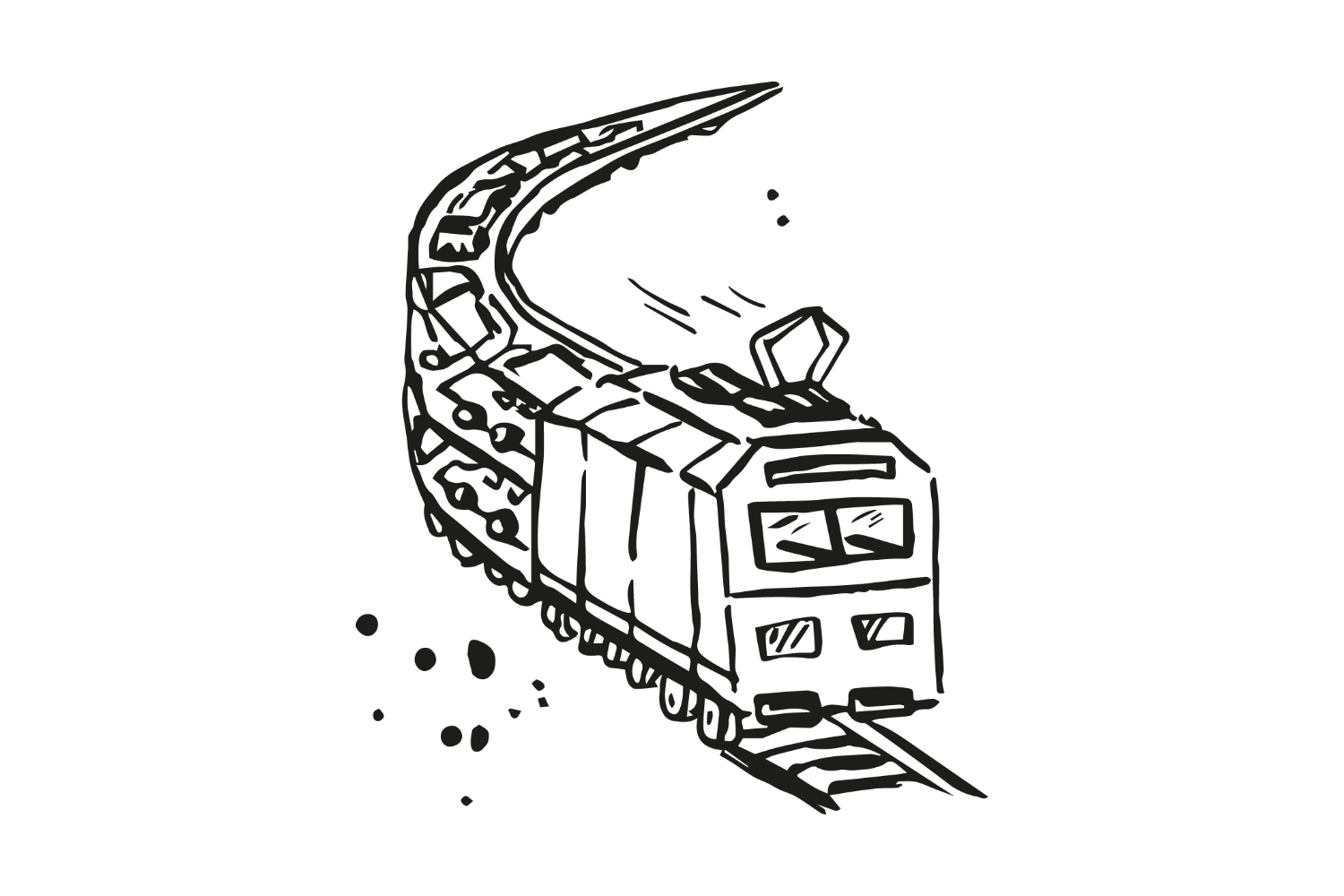 Schwarz-weiße Zeichnung eines Autozugs, der sich auf Schienen in einer Kurve bewegt und Autos transportiert.
