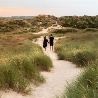 Paar geht barfuß auf Dünenpfad durch Gräserlandschaft auf Sylt