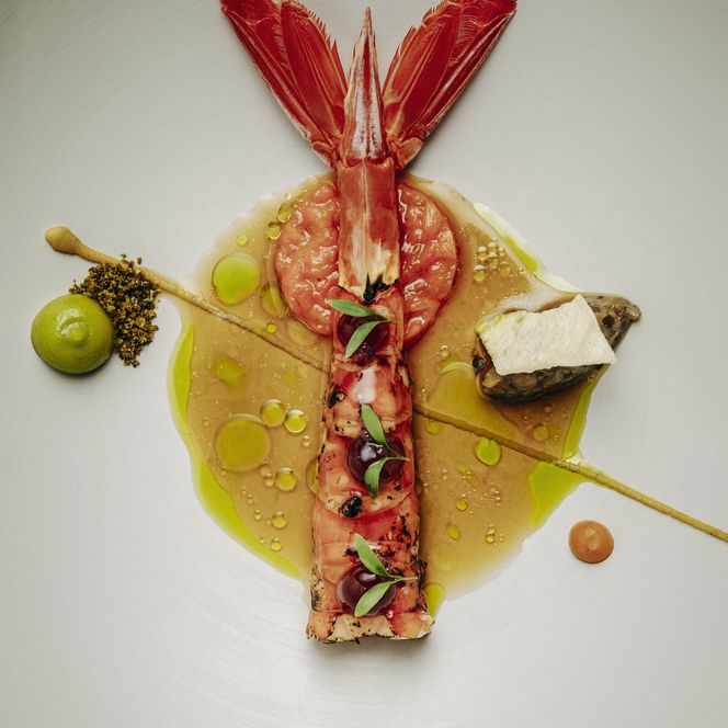 Kunstvoll angerichteter Kaisergranat mit Sauce, Gemüse und Kräuteröl beim Private Dining auf Sylt.