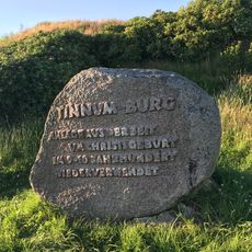 Gedenkstein der Tinnumburg, umgeben von grüner Vegetation und Sonnenlicht.