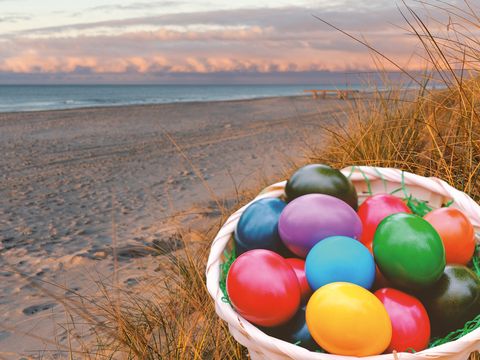 Korb mit Ostereiern am Strand, rosafarbener Himmel und orangenes Dünengras