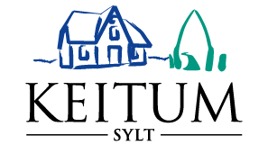 Logo von Keitum mit Schriftzug, einem Reetdachhaus und Friesengrabstein.