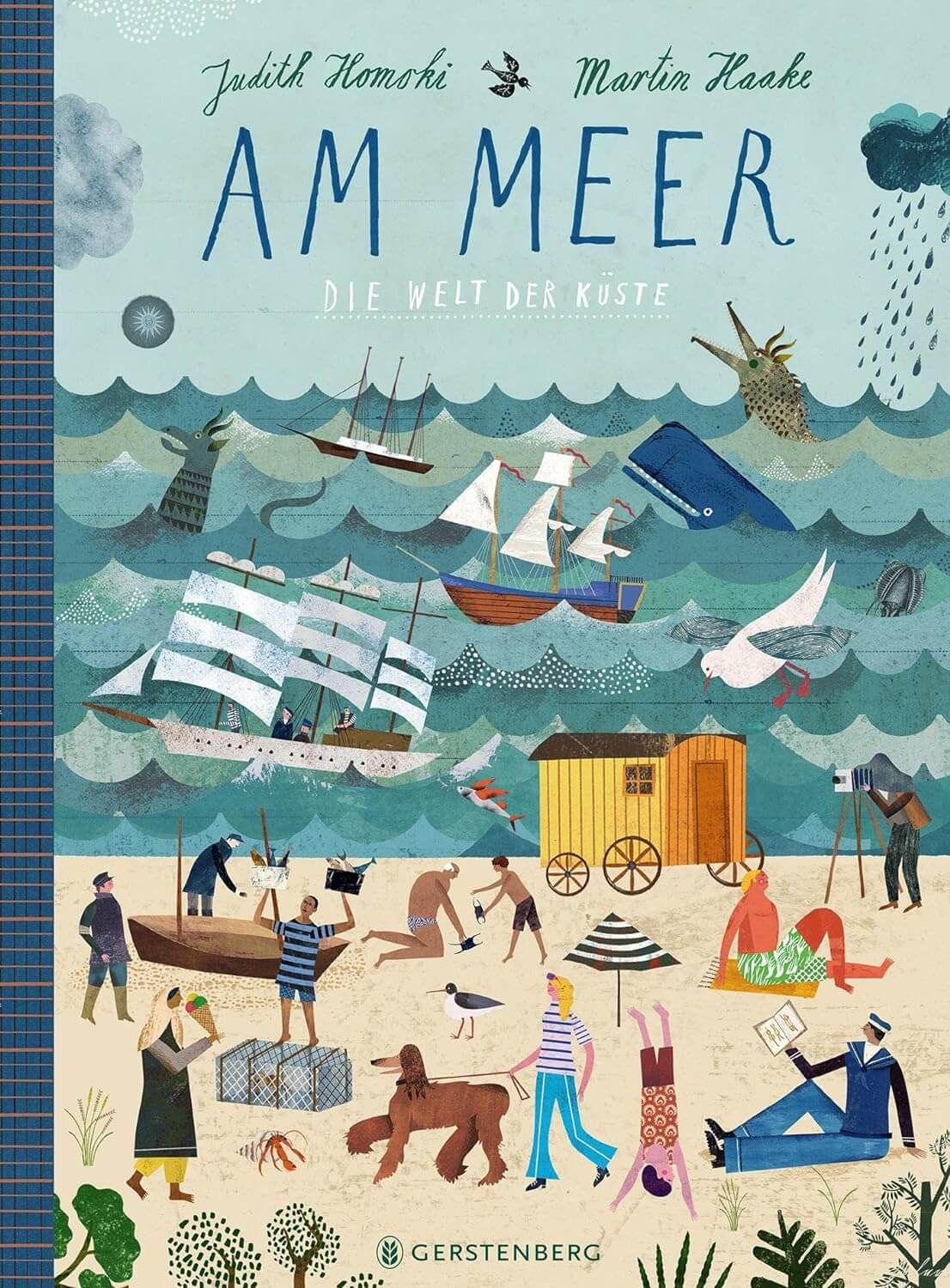 Illustratives Buchcover mit Strand- und Meerszenen, Schiffen und Menschen