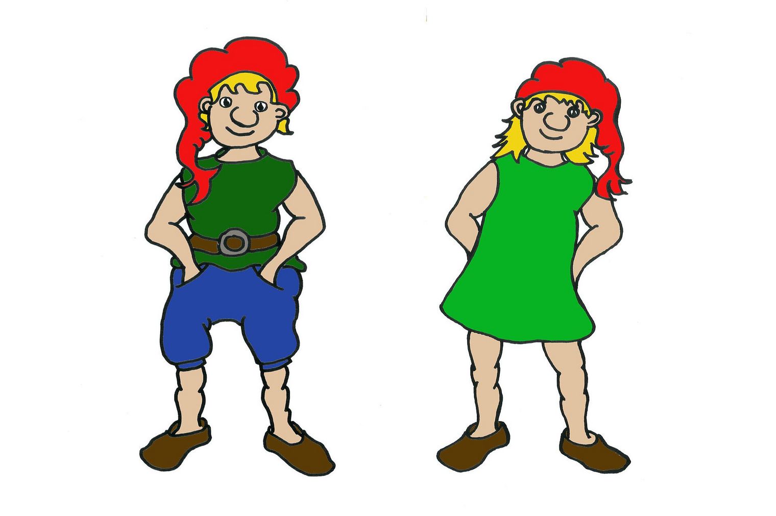 Zwei bunte Zeichnungen von Sylter Fabelwesen mit roten Mützen, einer trägt Hose, die andere ein Kleid.