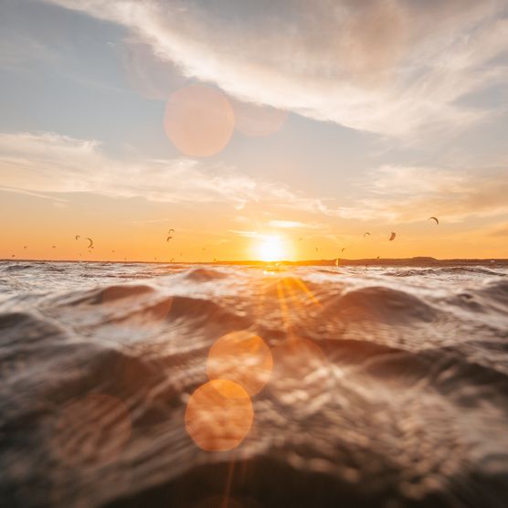 Sonnenuntergang über dem Meer mit Kitesurfern und leuchtenden Reflexionen auf den Wellen.