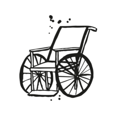 Schwarz-weiße Zeichnung eines Rollstuhls, seitlich dargestellt.
