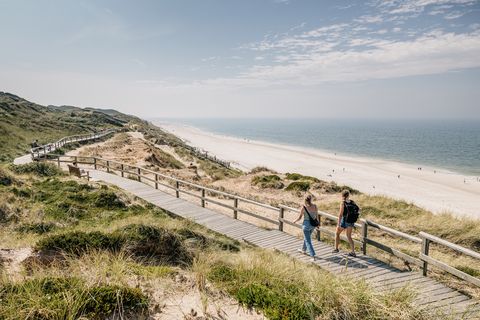 Holzsteg durch Dünen mit zwei Spaziergängerinnen und Blick auf den Sandstrand und das Meer.