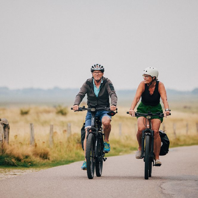 Zwei Personen auf E-Bikes fahren lächelnd durch eine offene, grasbewachsene Landschaft.