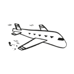 Schwarz-weiße Zeichnung eines fliegenden Flugzeugs.