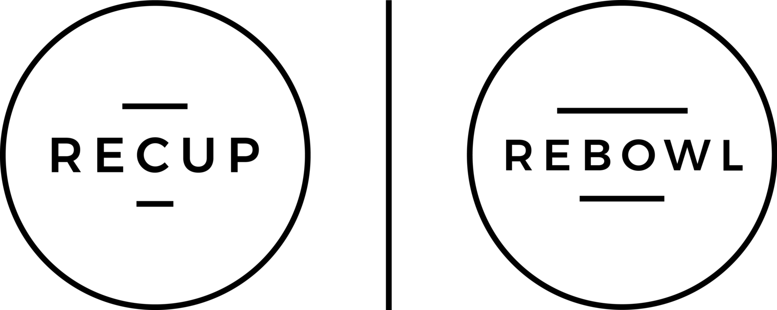 Schwarzes RECUP x REBOWL Logo mit zwei nebeneinanderliegenden Kreisen