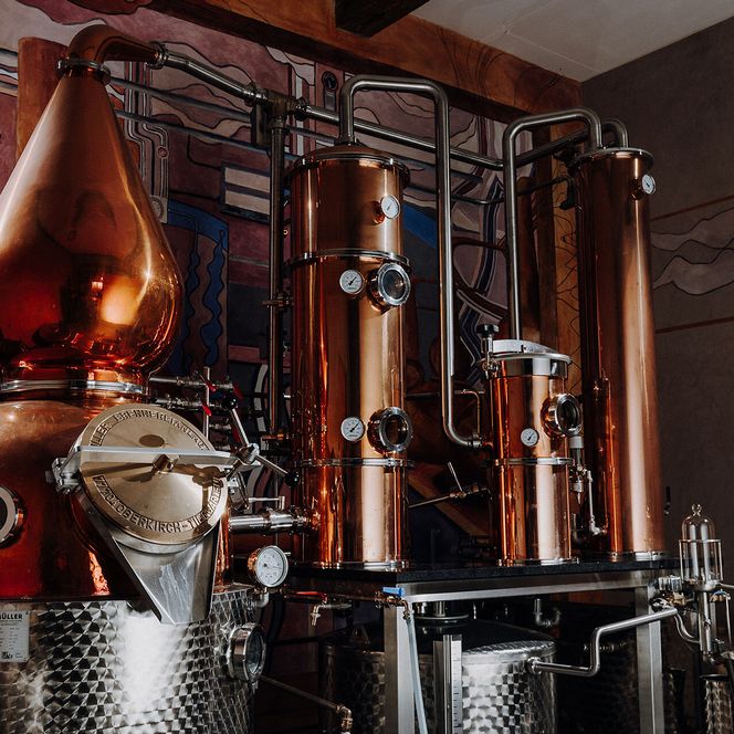 Kupferne Brennblasen und Destillationssäulen in einer Brennerei 