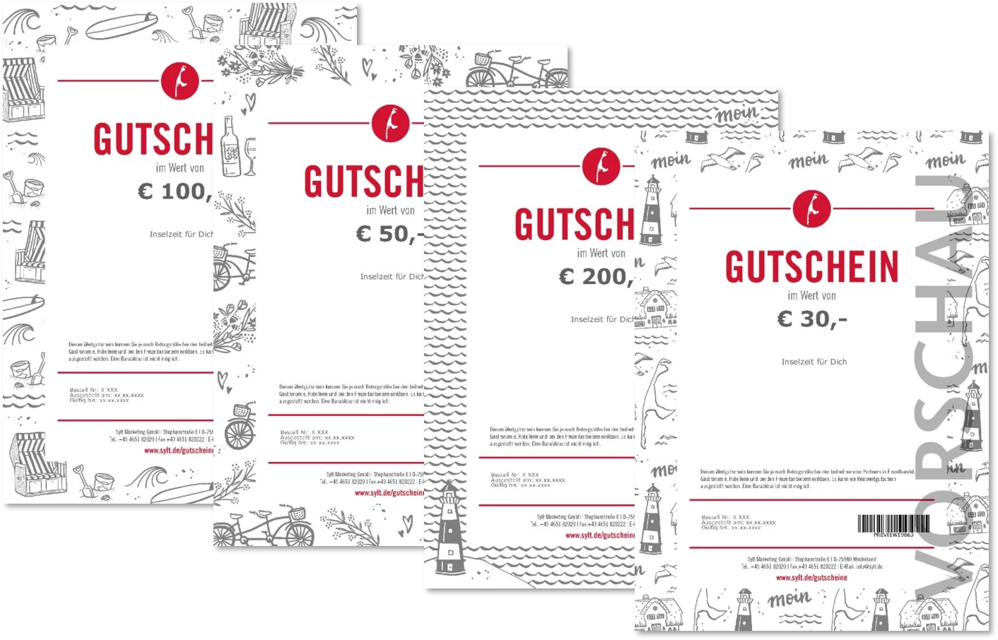 Eine Auswahl an Inselzeit-Gutscheinen mit unterschiedlichen Beträgen.
