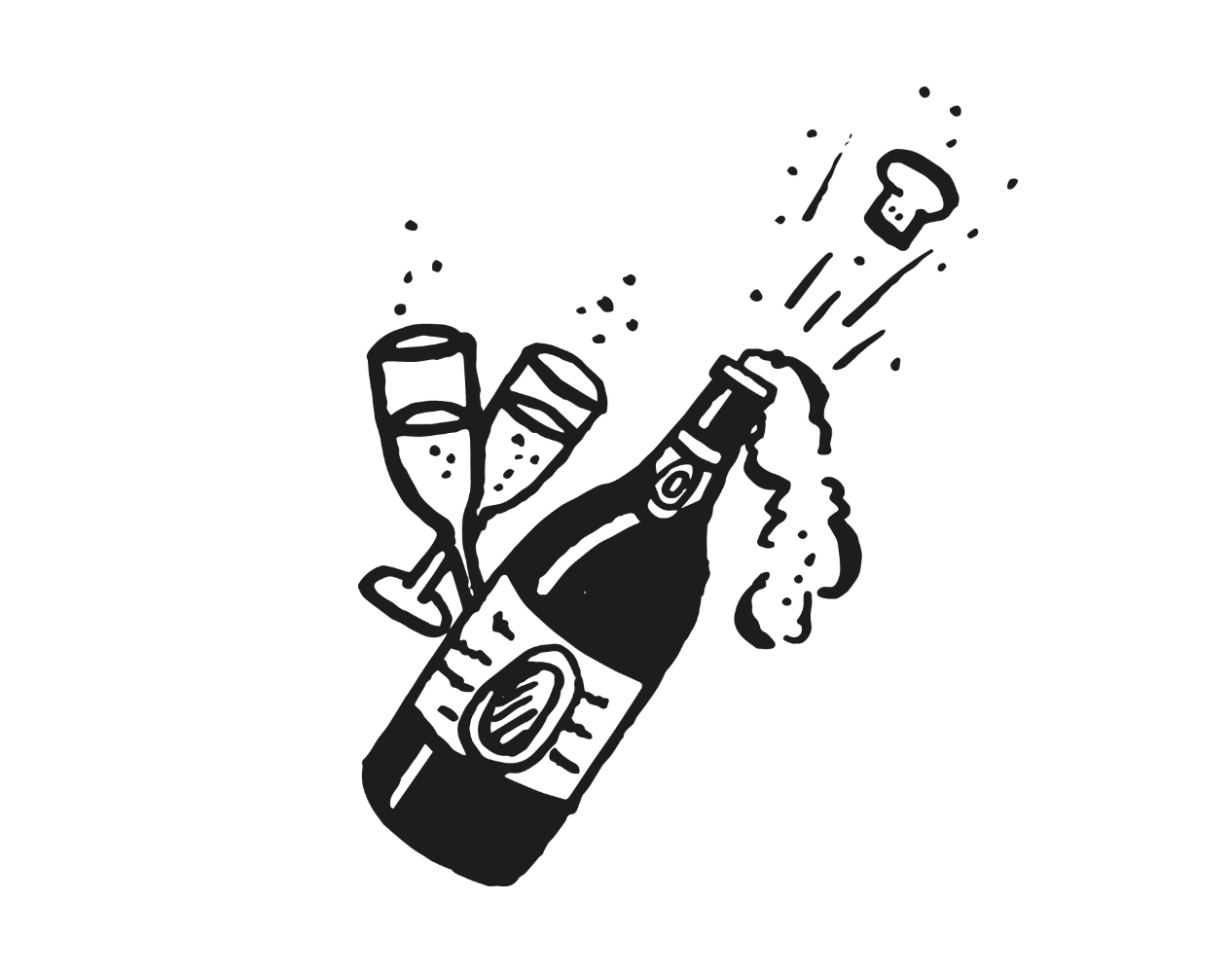 Eine Zeichnung von einer Sektflasche mit zwei Gläsern in schwarz-weiß