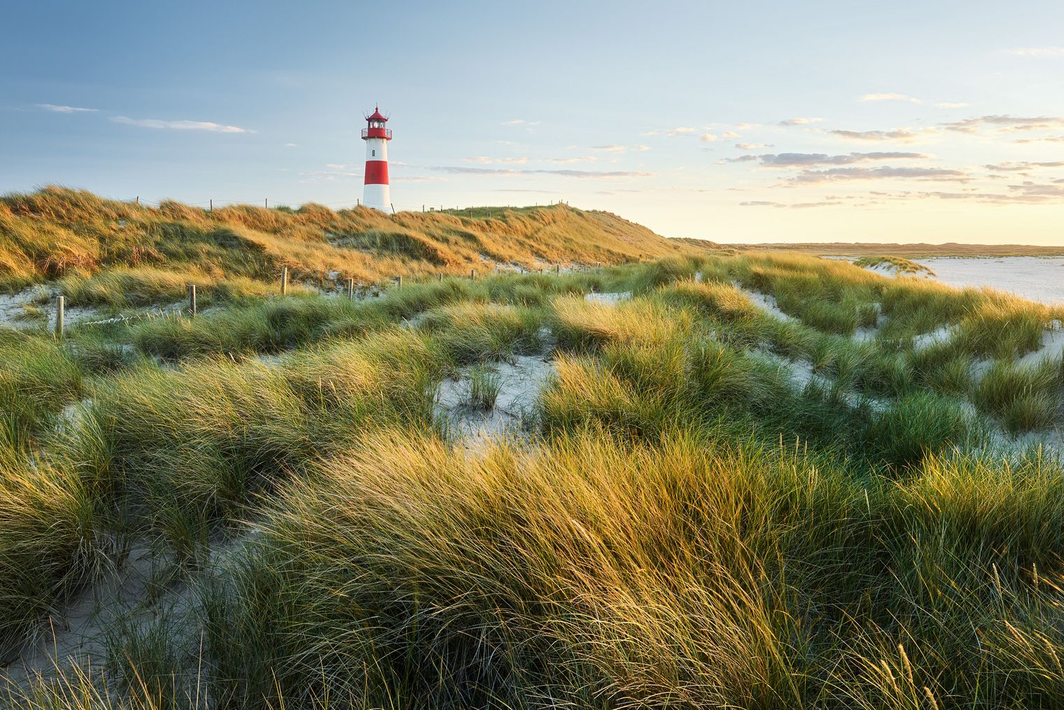 Rot-weißer Leuchtturm in Dünenlandschaft bei Sonnenuntergang.