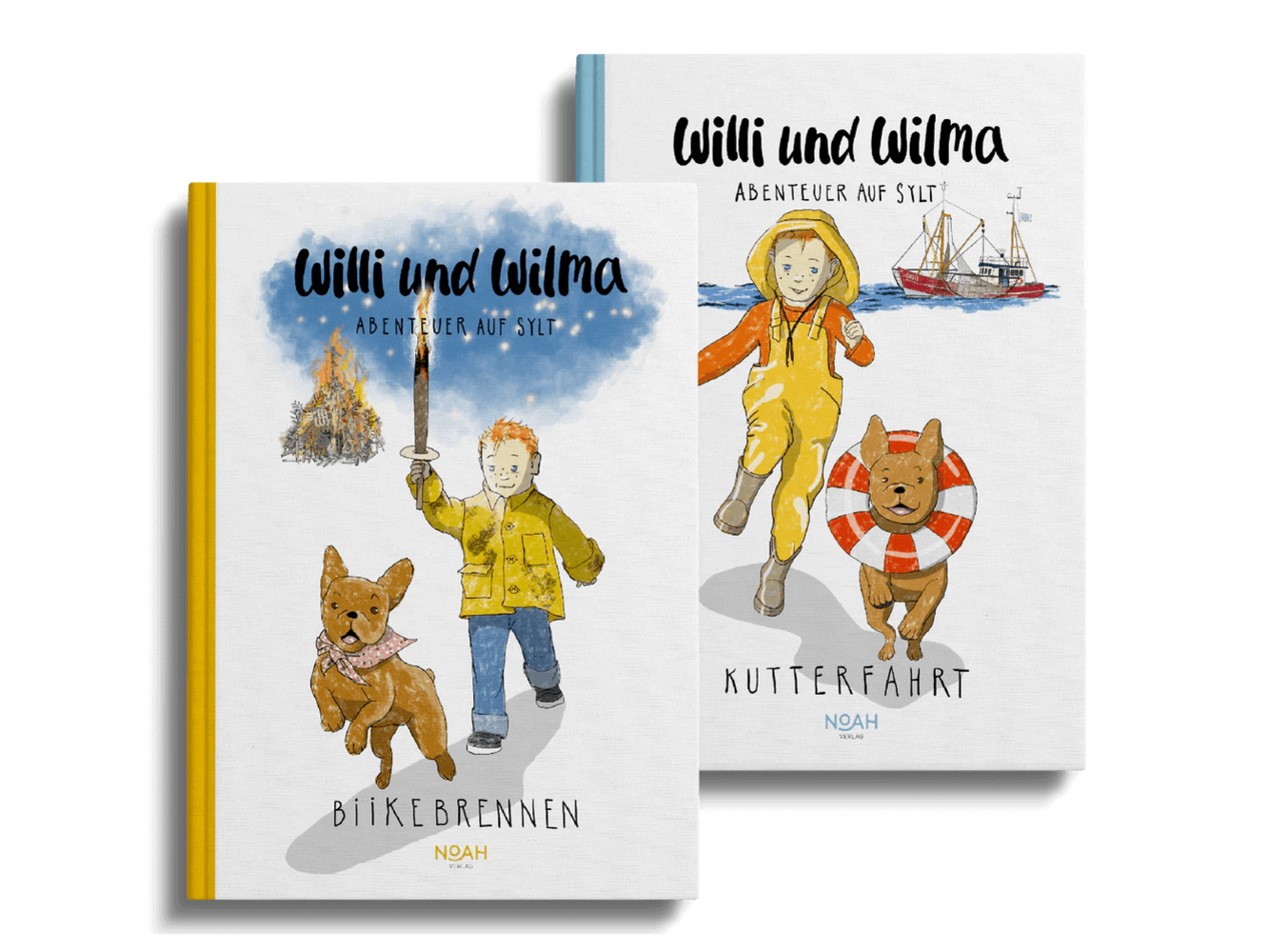 Zwei Cover der Willi und Wilma Bücher: "Biikebrennen" und "Kutterfahrt"