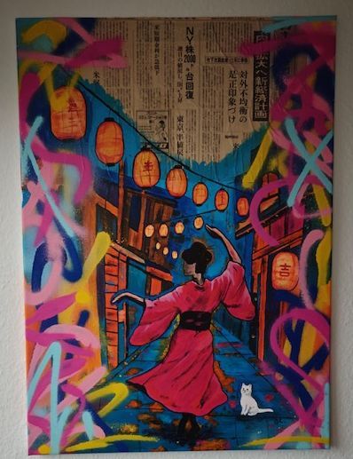 Ein farbenfrohes Kunstwerk mit asiatischen Einflüssen