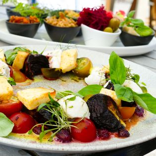 Gemüseteller mit Käse, Kräutern und Tomaten auf Gartentisch