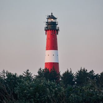 Ein rot-weißer Leuchtturm ragt hoch in die Luft, umgeben von grünen Nadelbäumen. Der Himmel im Hintergrund ist weich und blassgrau gefärbt, was den Leuchtturm noch deutlicher hervorhebt.
