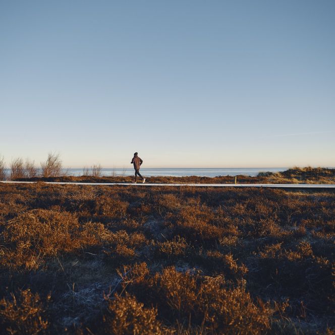 Morgendlicher Lauf durch Sylts Winterheide Jogger läuft über Holzweg durch winterliche Heidelandschaft mit Meerblick