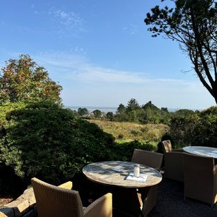 Terrasse mit Holztischen und Blick auf Heide und Meer.