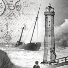 Collage aus Seemann, Leuchtturm, Segelboot, Karte und Welle.